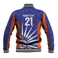 Unisex baseball jacket back with 'YOUR TEXT' 21 graphic, tricolor sleeves, ribbed hem