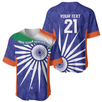 Two men's cricket jerseys, blue with orange sleeves, V-neck, front Ashoka Chakra and back 21