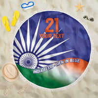 Round beach blanket with wheel flag print and white fringed edge, 150cm