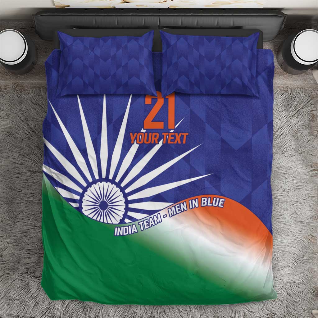 Blue bedding set with flag graphic, Ashoka chakra, and custom text on duvet and 2 pillows