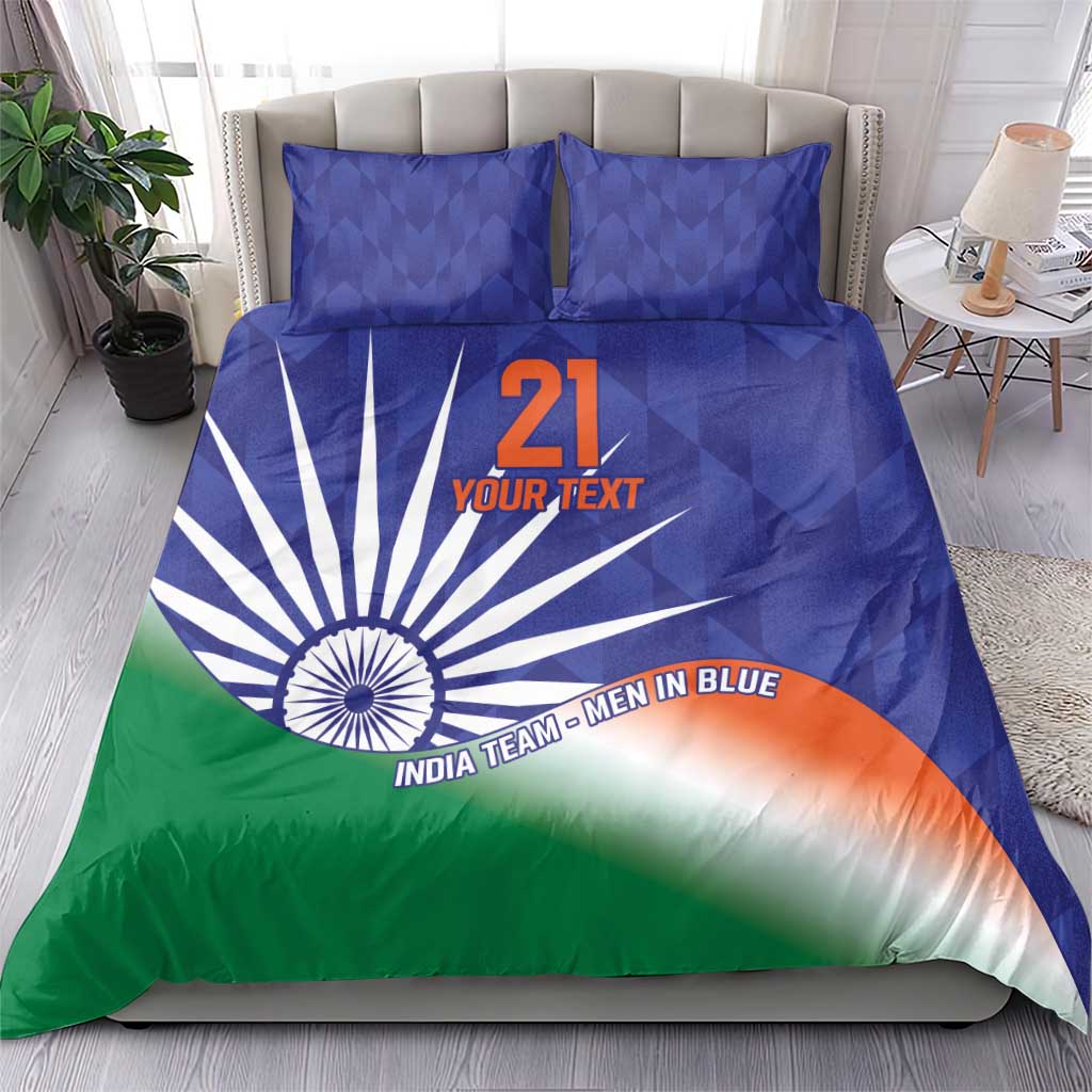 Blue bedding set with flag graphic, Ashoka chakra, and custom text on duvet and two pillows