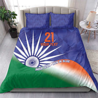 Blue bedding set with flag graphic, Ashoka chakra, and custom text on duvet and two pillows