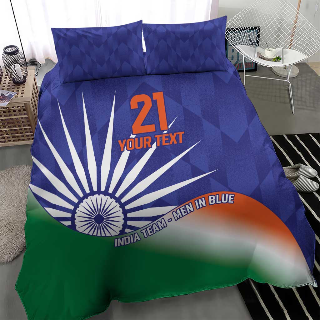 Blue duvet and two pillows with flag graphic, Ashoka chakra, and custom text center print