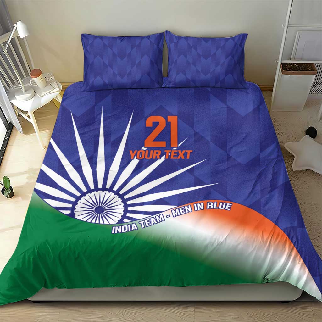 Blue bedding set with flag graphic, Ashoka chakra, and custom text on duvet with 2 pillows