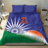 Blue bedding set with flag graphic, Ashoka chakra, and custom text on duvet with 2 pillows