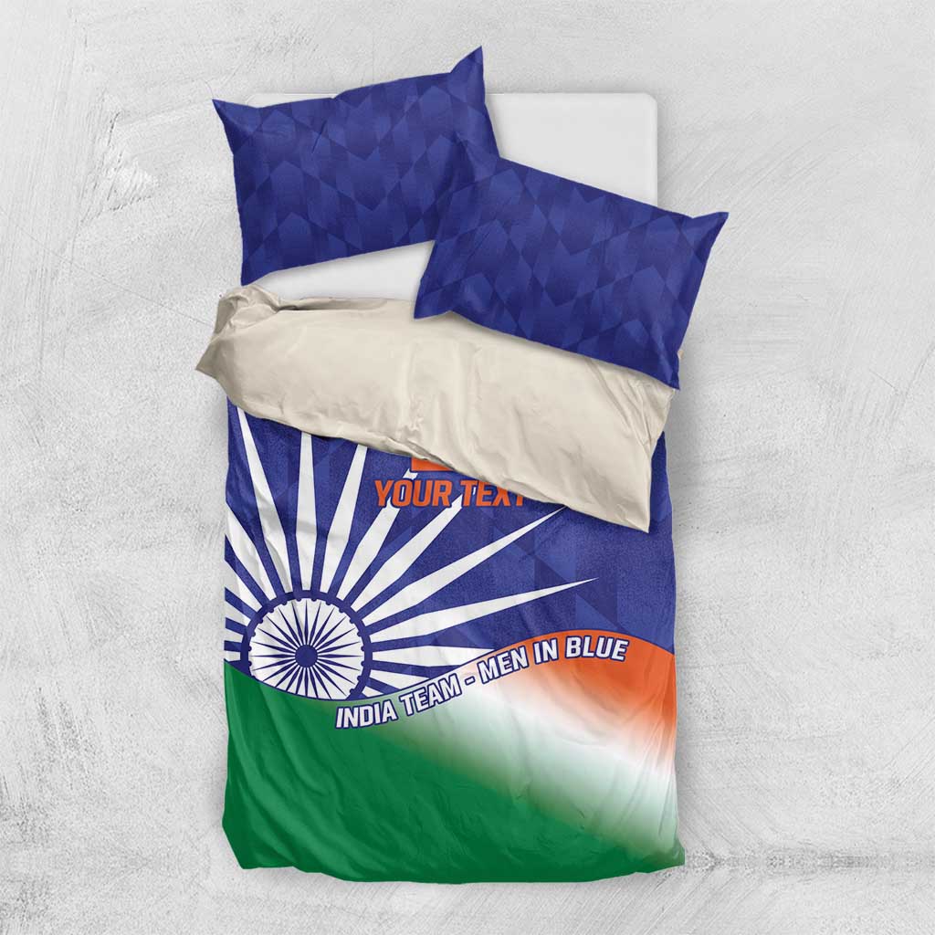 Blue bedding set with flag graphic, Ashoka chakra, and custom text; duvet and pillowcases