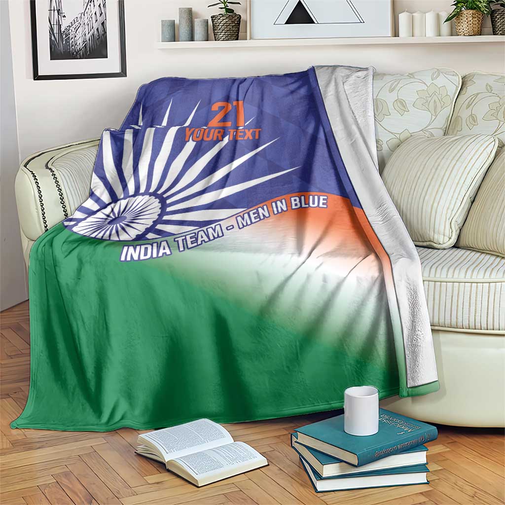 India cricket custom blanket with Ashoka Chakra rays, blue/green/orange gradient and 'YOUR TEXT' 21