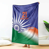 India cricket custom blanket draped with Ashoka Chakra rays, blue/green/orange gradient, 'YOUR TEXT' 21