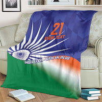 India cricket custom blanket over couch, blue and green gradient with Ashoka Chakra rays and 'YOUR TEXT' 21