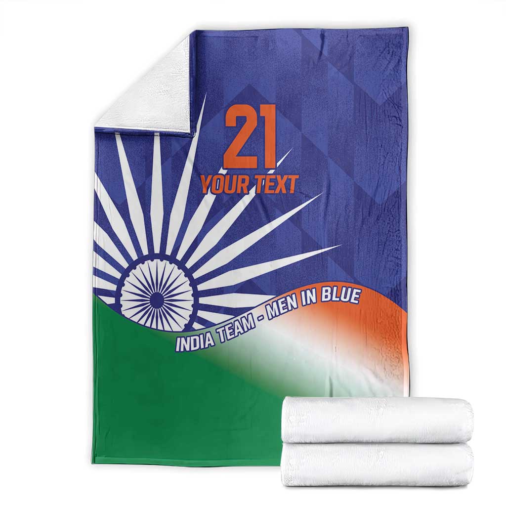 India cricket custom blanket with Ashoka Chakra rays, blue top and green/orange gradient, '21 YOUR TEXT'