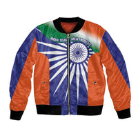 Unisex bomber jacket with blue body, orange side panels, front zipper, India chakra flag