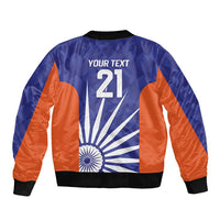 Unisex bomber jacket, blue back with orange side panels, 'YOUR TEXT 21' and black rib hem