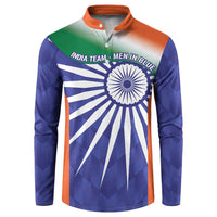 Blue button-up sweatshirt with orange collar, India flag graphic and Ashoka chakra front panel.