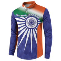 Blue button-up sweatshirt with orange collar, India flag print and Ashoka chakra on chest.