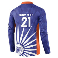 Blue back sweatshirt with orange side panels, YOUR TEXT 21 over India flag print.