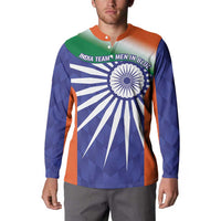 Blue button-up sweatshirt with orange collar, India flag graphic and India Team text on chest.
