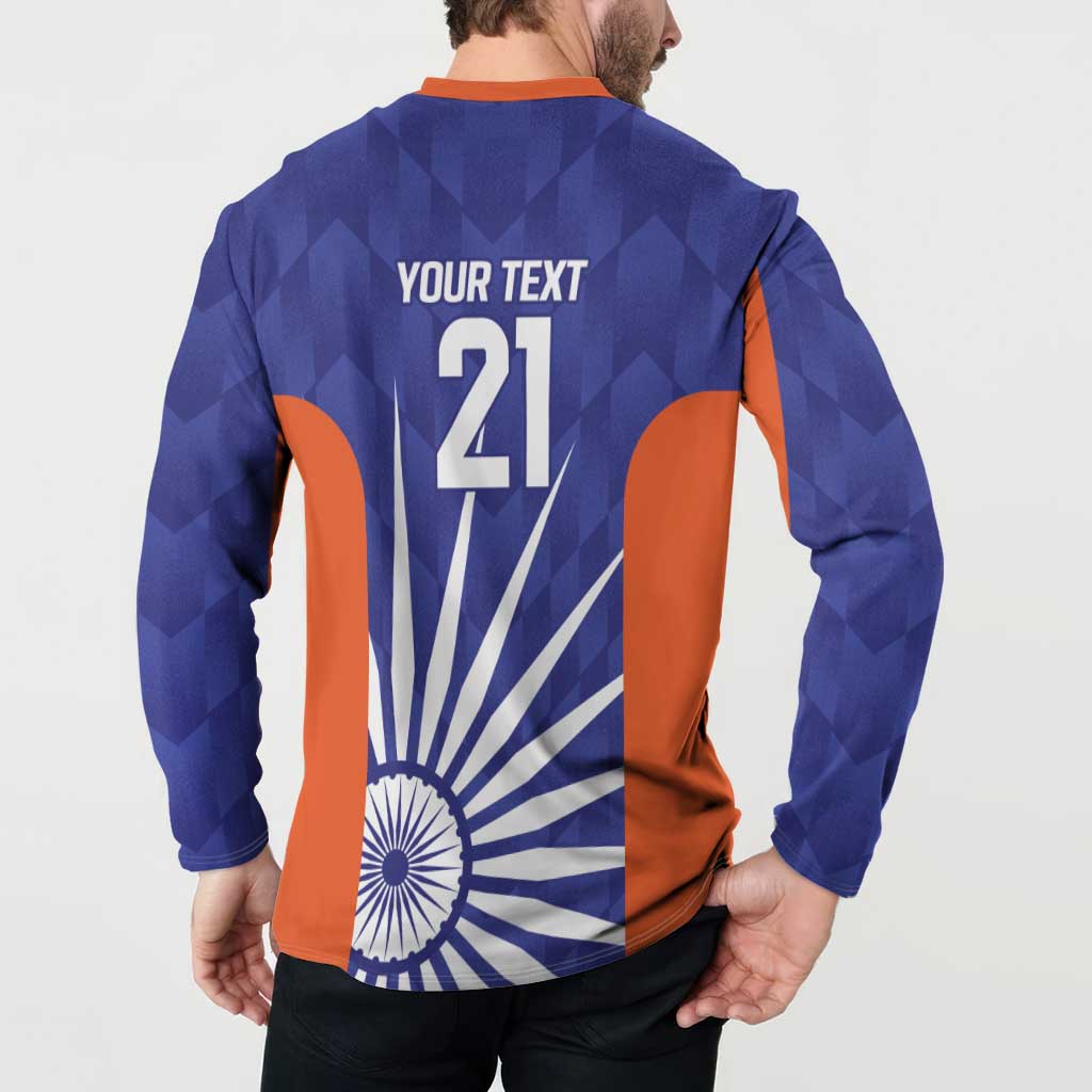 Blue back sweatshirt with YOUR TEXT 21 and India flag print, orange side panels.