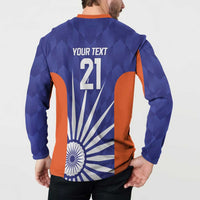 Blue back sweatshirt with YOUR TEXT 21 and India flag print, orange side panels.