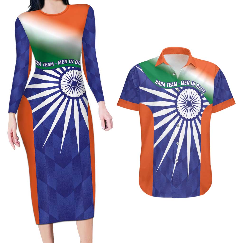 India Cricket Custom Couples Matching Long Sleeve Bodycon Dress and Hawaiian Shirt Ashoka Chakra with Flag Style LT9 - Wonder Print Shop