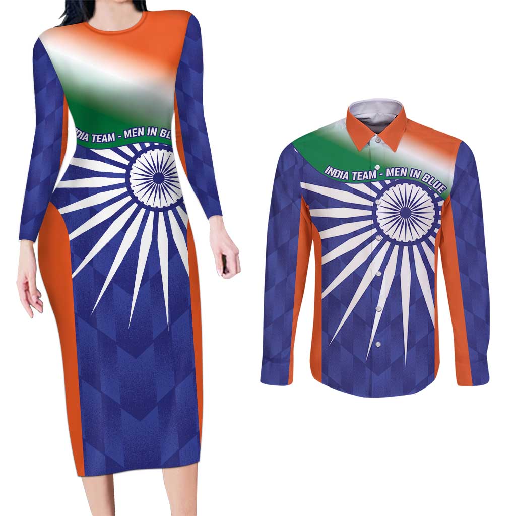 India Cricket Custom Couples Matching Long Sleeve Bodycon Dress and Long Sleeve Button Shirt Ashoka Chakra with Flag Style LT9 - Wonder Print Shop