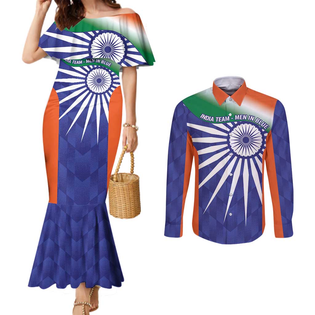 India Cricket Custom Couples Matching Mermaid Dress and Long Sleeve Button Shirt Ashoka Chakra with Flag Style