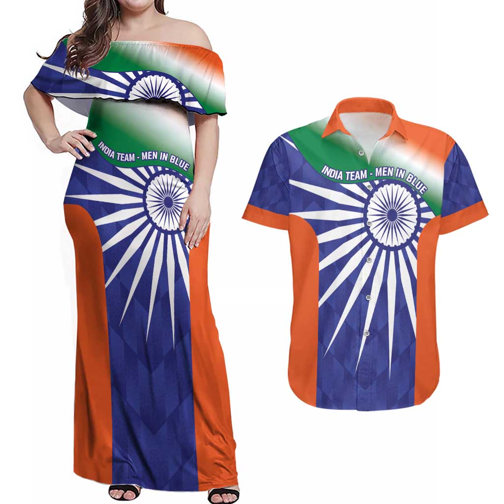 India Cricket Custom Couples Matching Off Shoulder Maxi Dress and Hawaiian Shirt Ashoka Chakra with Flag Style LT9 - Wonder Print Shop