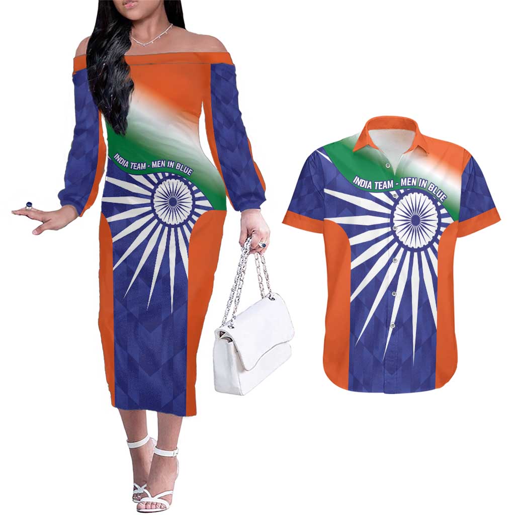 India Cricket Custom Couples Matching Off The Shoulder Long Sleeve Dress and Hawaiian Shirt Ashoka Chakra with Flag Style LT9 - Wonder Print Shop