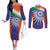 India Cricket Custom Couples Matching Off The Shoulder Long Sleeve Dress and Long Sleeve Button Shirt Ashoka Chakra with Flag Style