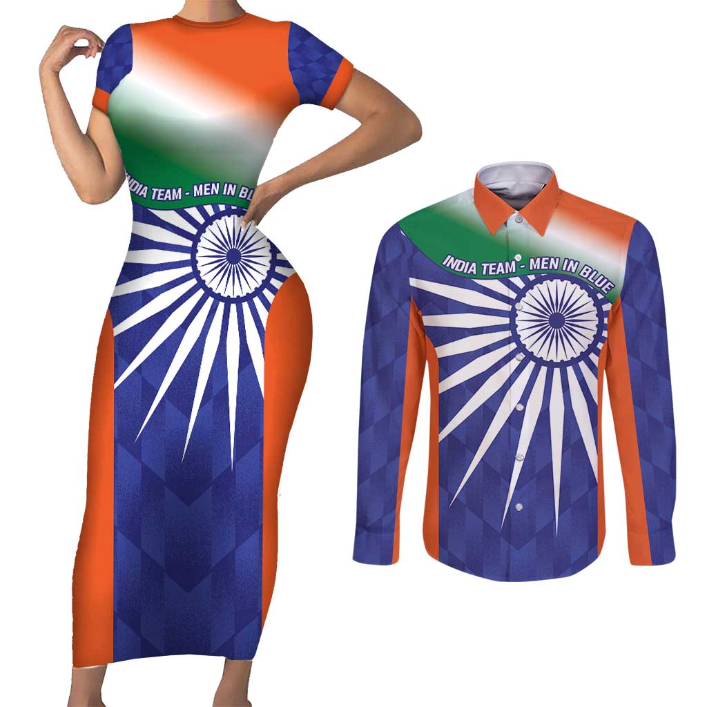 India Cricket Custom Couples Matching Short Sleeve Bodycon Dress and Long Sleeve Button Shirt Ashoka Chakra with Flag Style LT9 - Wonder Print Shop