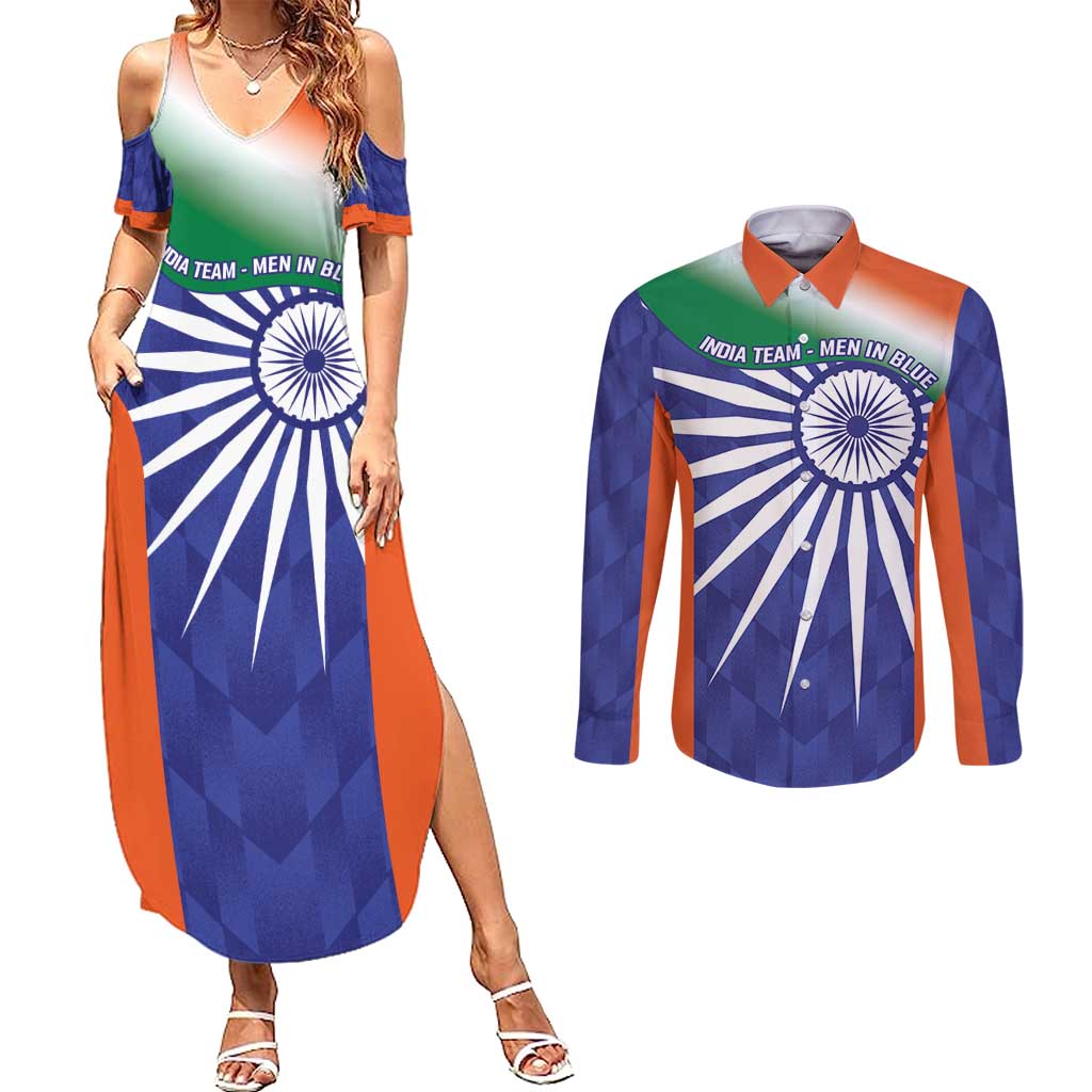 India Cricket Custom Couples Matching Summer Maxi Dress and Long Sleeve Button Shirt Ashoka Chakra with Flag Style LT9 - Wonder Print Shop