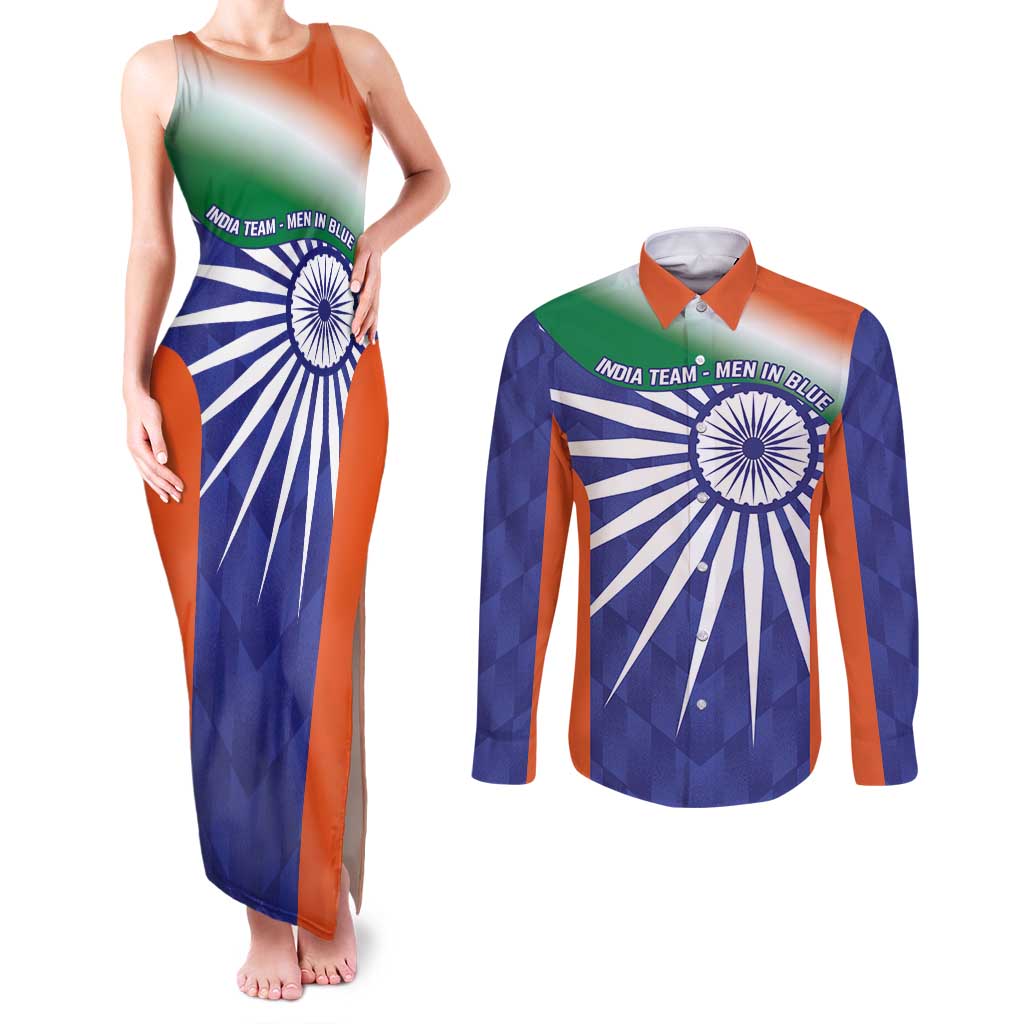 India Cricket Custom Couples Matching Tank Maxi Dress and Long Sleeve Button Shirt Ashoka Chakra with Flag Style LT9 - Wonder Print Shop