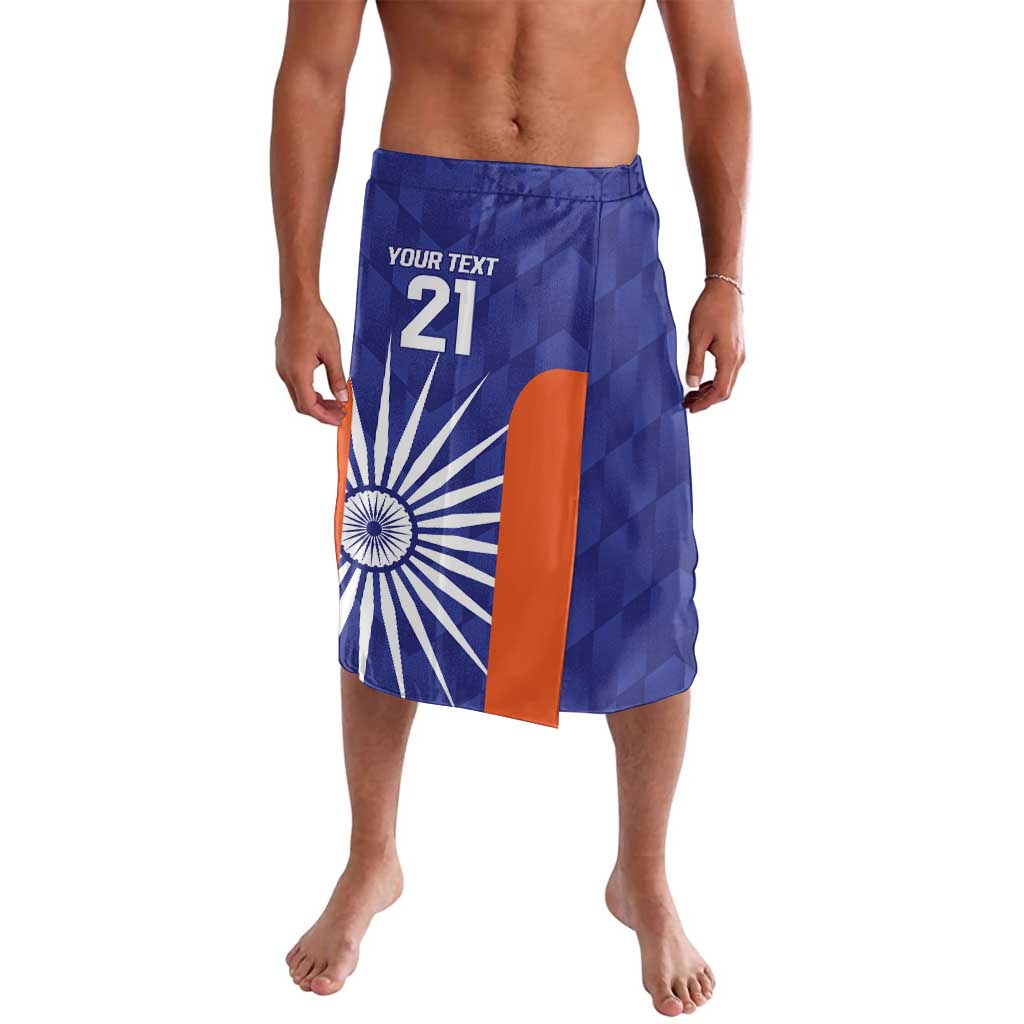 Blue cricket lavalava shorts with India flag graphic, orange stripe, 'YOUR TEXT' 21