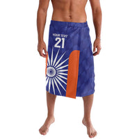 Blue cricket lavalava shorts with India flag graphic, orange stripe, 'YOUR TEXT' 21
