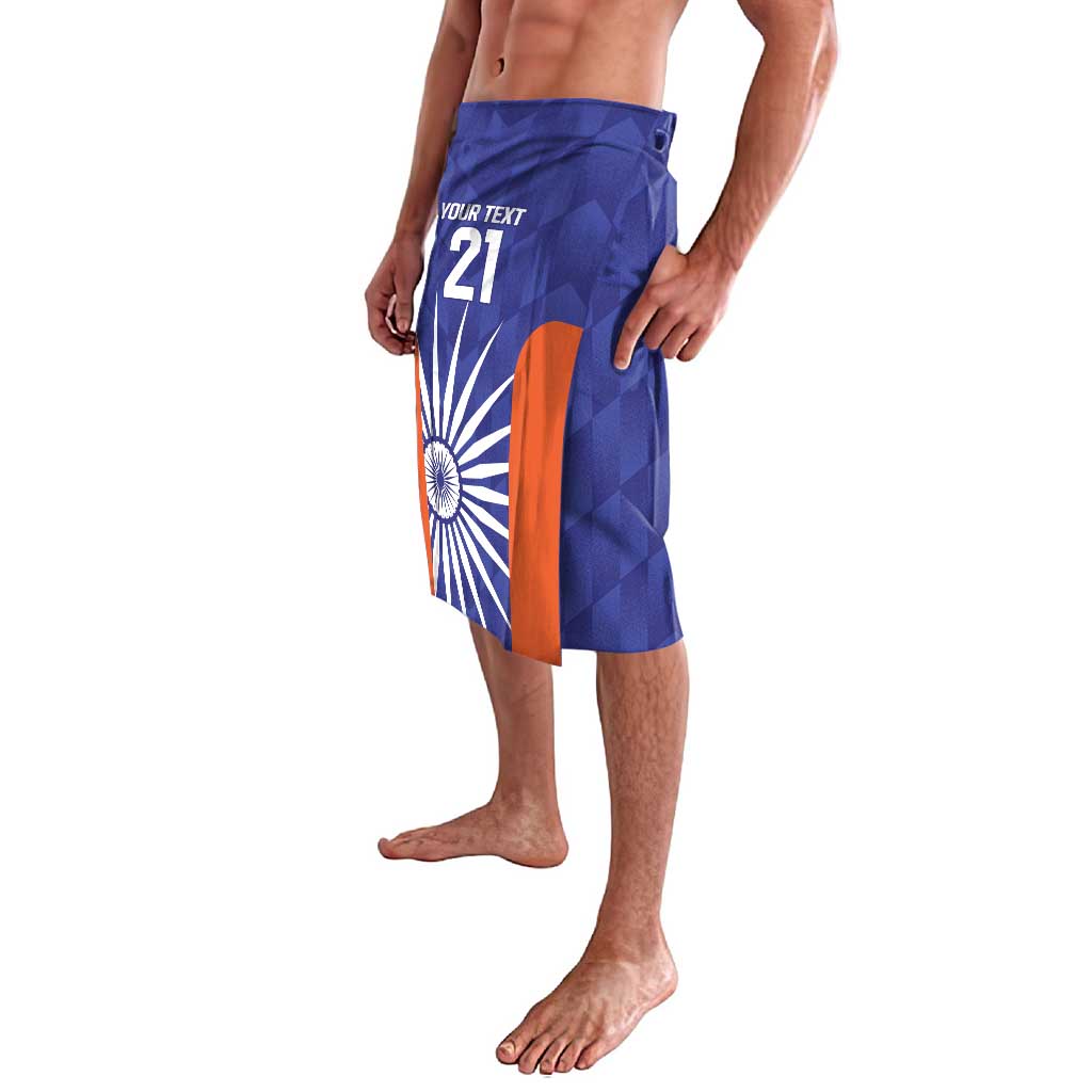 Blue cricket lavalava shorts with India Ashoka chakra design, orange stripe, 'YOUR TEXT' 21