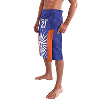 Blue cricket lavalava shorts with India Ashoka chakra design, orange stripe, 'YOUR TEXT' 21