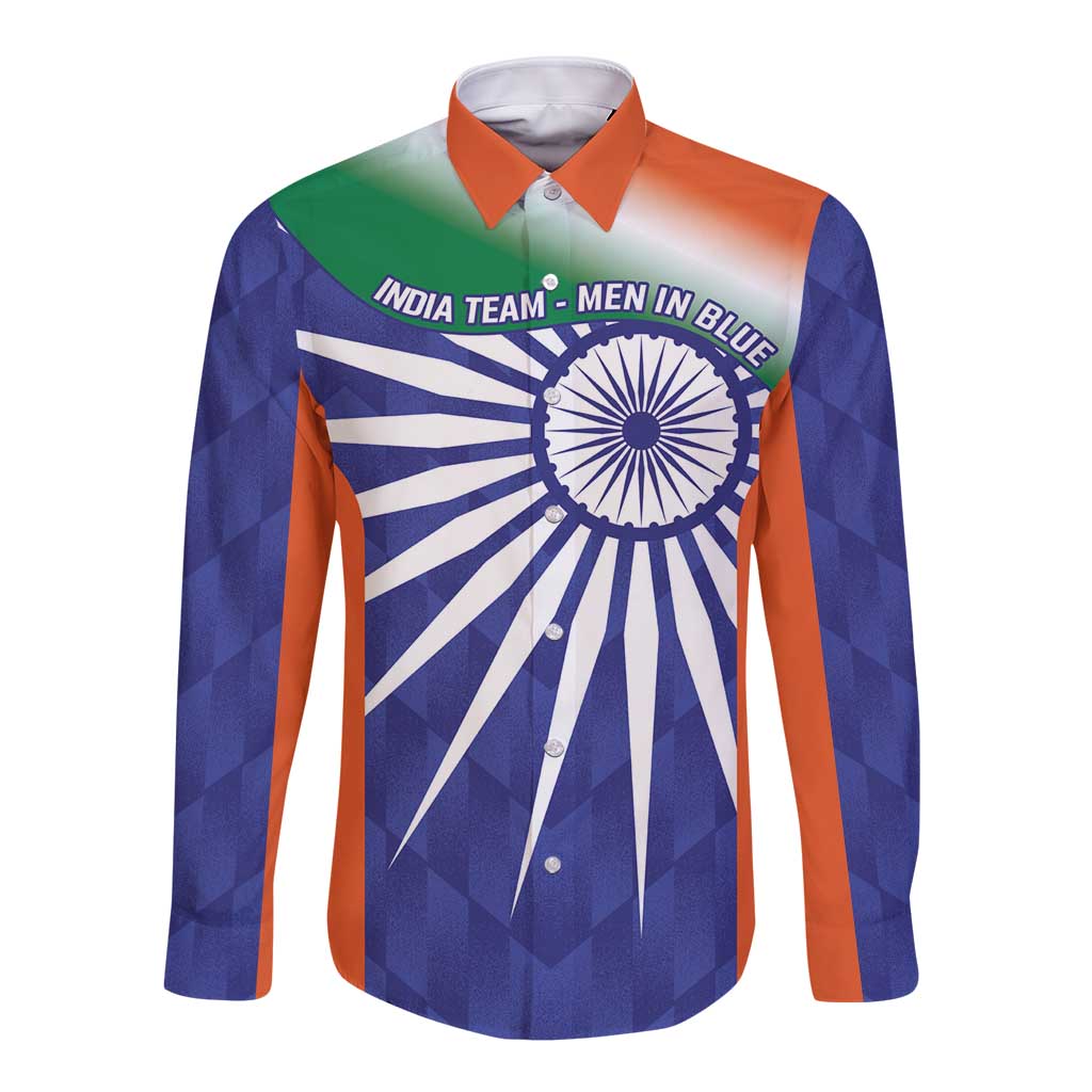 Long-sleeve button shirt in blue with orange collar, India flag-style graphic front