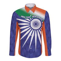Long-sleeve button shirt in blue with orange collar, India flag-style graphic front