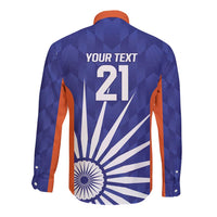 Long-sleeve button shirt blue with orange cuffs, India flag-style graphic and number 21