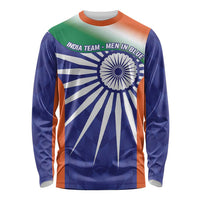 Long-sleeve cricket shirt in navy blue with orange collar, Ashoka Chakra flag print