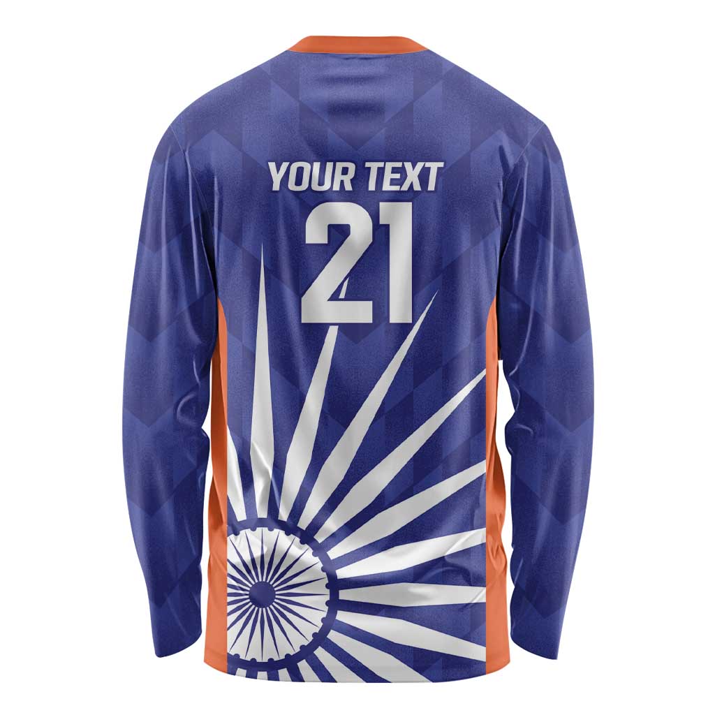 Long-sleeve cricket shirt back in navy blue with orange trim, Ashoka Chakra flag and 21