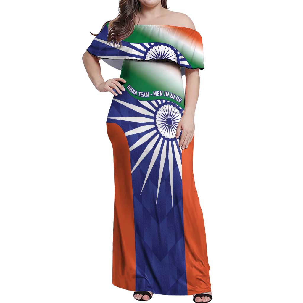 India Cricket Custom Off Shoulder Maxi Dress Ashoka Chakra with Flag Style - Wonder Print Shop