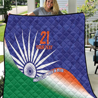 Blue quilt with India flag print, Ashoka Chakra, orange 21, and custom text center