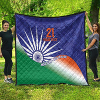 Blue quilt with India flag design, Ashoka Chakra, orange 21, and custom text