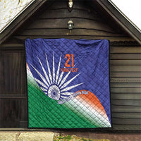 Blue quilt laid on floor with India flag design, Ashoka Chakra, orange 21, custom text
