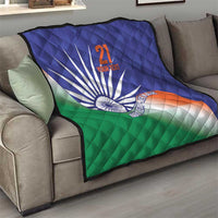 Blue quilt on sofa with India flag print, Ashoka Chakra, orange 21, and custom text