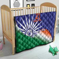 Blue quilt on baby bed with India flag print, Ashoka Chakra, orange 21, and custom text
