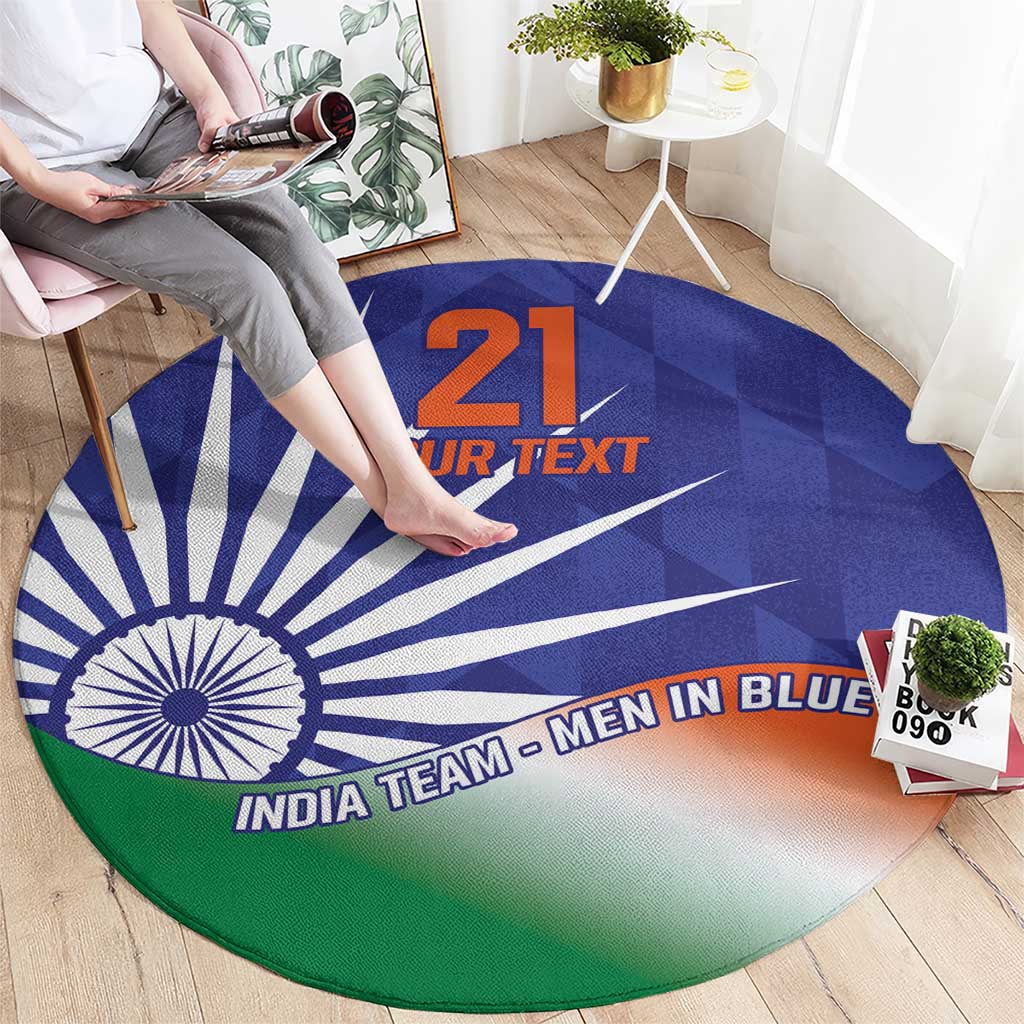Round India flag style carpet with Ashoka Chakra and custom text across the center