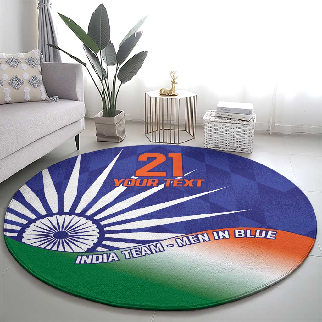 Round India flag style carpet, blue center with Ashoka Chakra and green border