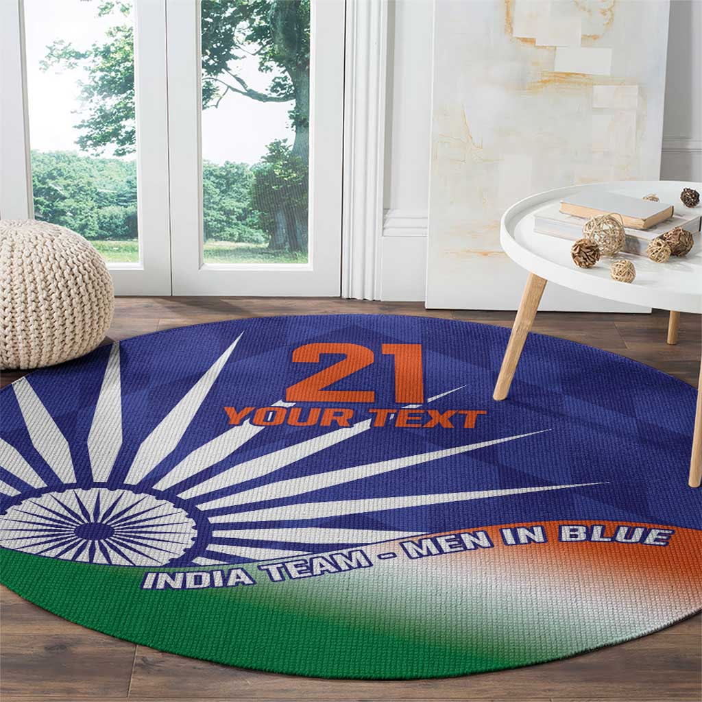 Round India flag style carpet featuring Ashoka Chakra design and blue-to-orange gradient