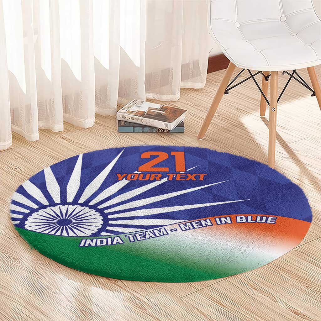 Round India flag style carpet with Ashoka Chakra and green edge, custom text design